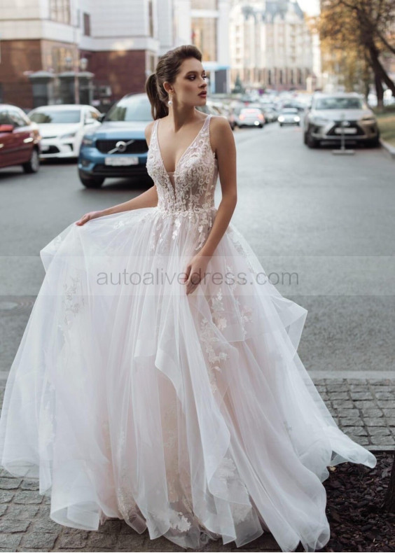 Beaded Ivory Lace Tulle Cross Back Sexy Wedding Dress